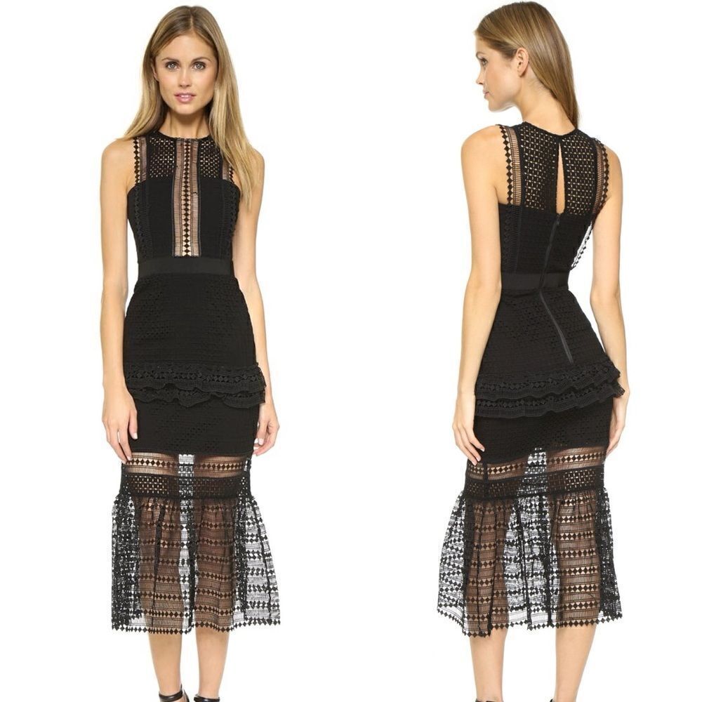 Authentic Self-Portrait Frilled Column Dress Mesh Laser Cut Dress